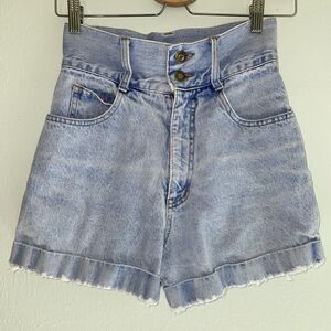 Vintage 90s High Waist Blue Denim Tabbed Shorts Express Distressed Hem | size 3